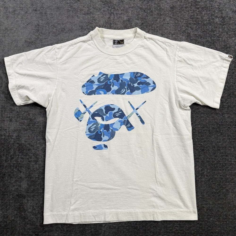 BAPE × Kaws ABC Camo Blue Big Face T-shirt A Bathing Ape White Men's‎ Size Large